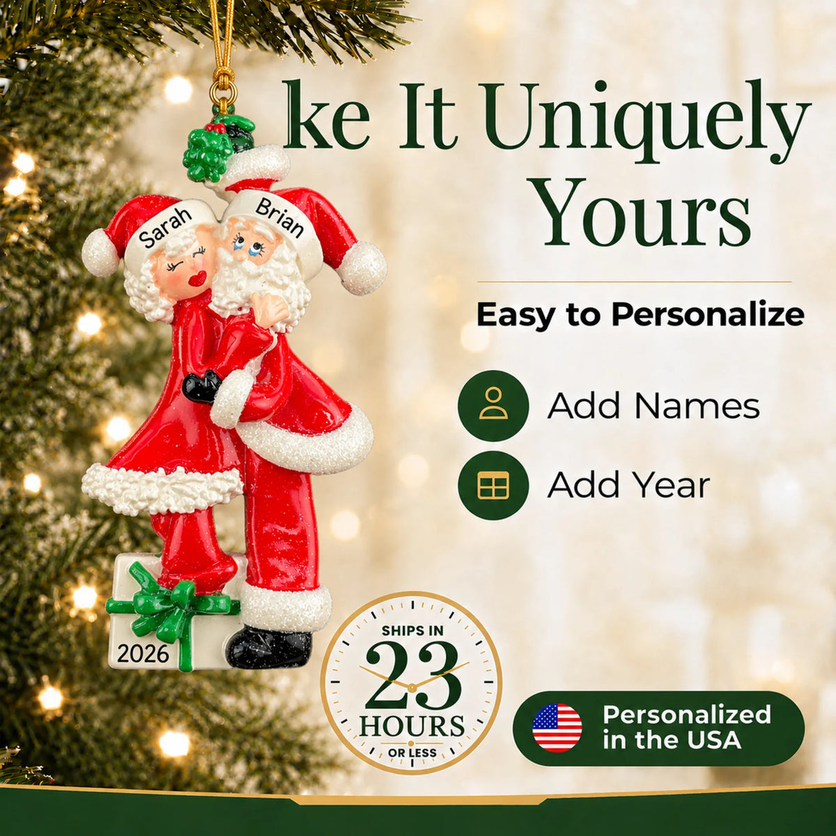 Make it yours: add names to the personalized mr. and mrs. claus couple christmas ornament