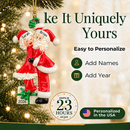 Make it yours: add names to the personalized mr. and mrs. claus couple christmas ornament