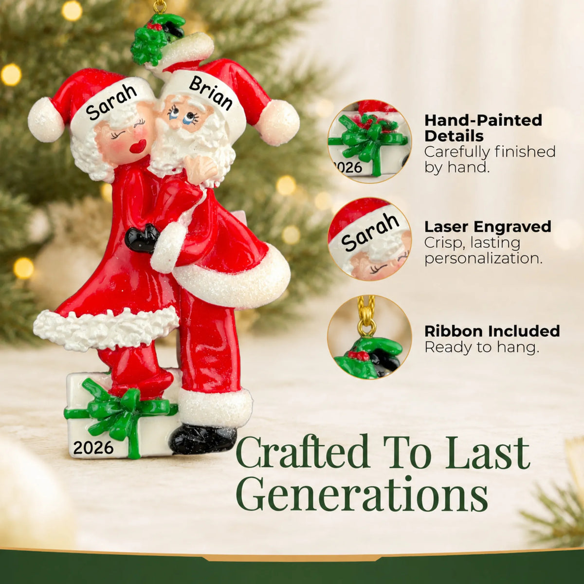 Hand-painted details and laser engraved personalization on the mr. and mrs. claus couple christmas ornament, ribbon included