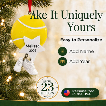 Make it yours: add name and year to the personalized tennis star christmas ornament