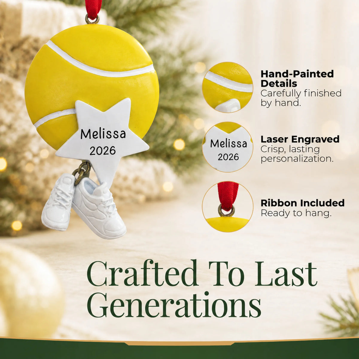 Hand-painted details and laser engraved personalization on the tennis star christmas ornament, ribbon included