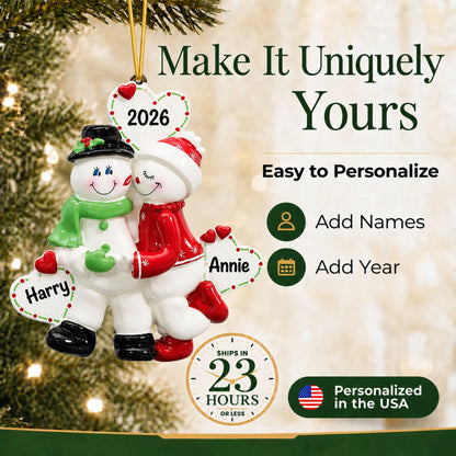 Make it yours: add names to the personalized snow sweethearts couple christmas ornament