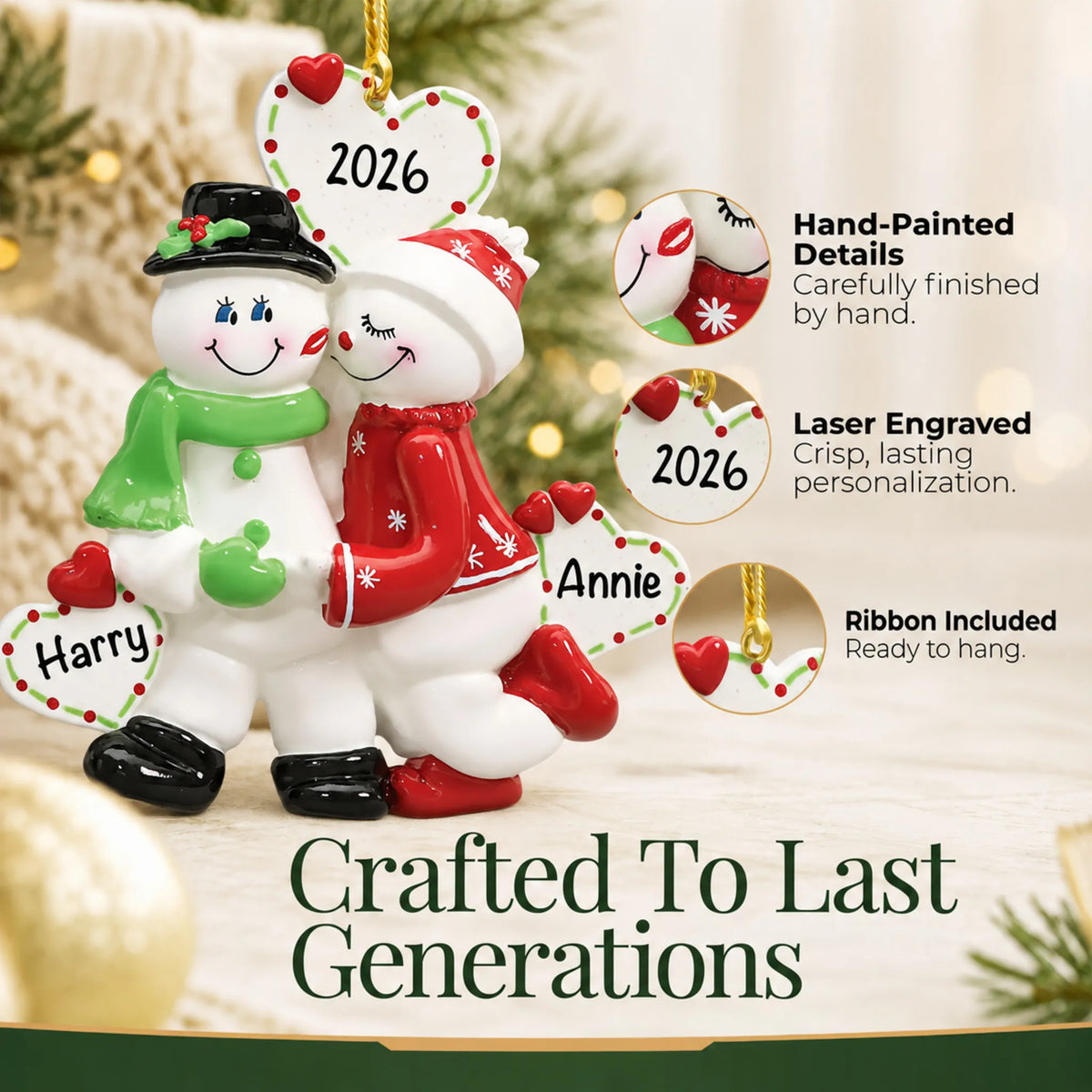 Hand-painted details and laser engraved personalization on the snow sweethearts couple christmas ornament, ribbon included