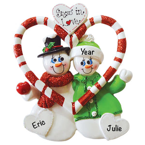 Personalized snow couple candy cane heart ornament with Snow in Love banner, laser engraved with names and date