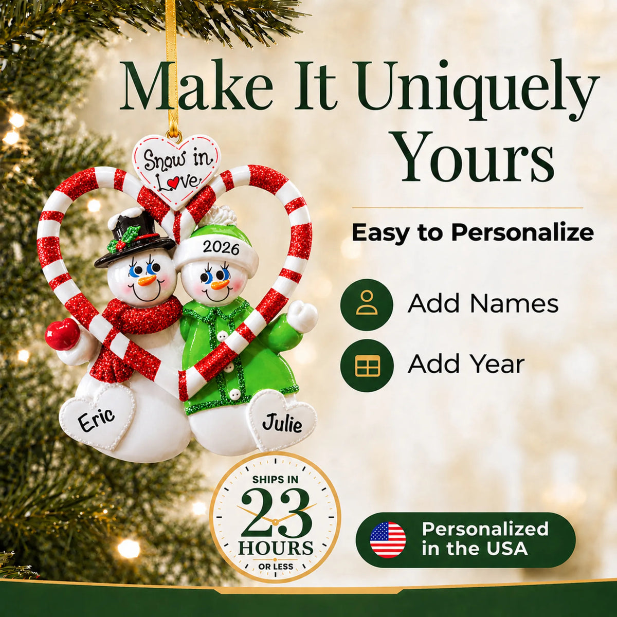 Make it yours: add names to the personalized candy cane love couple christmas ornament