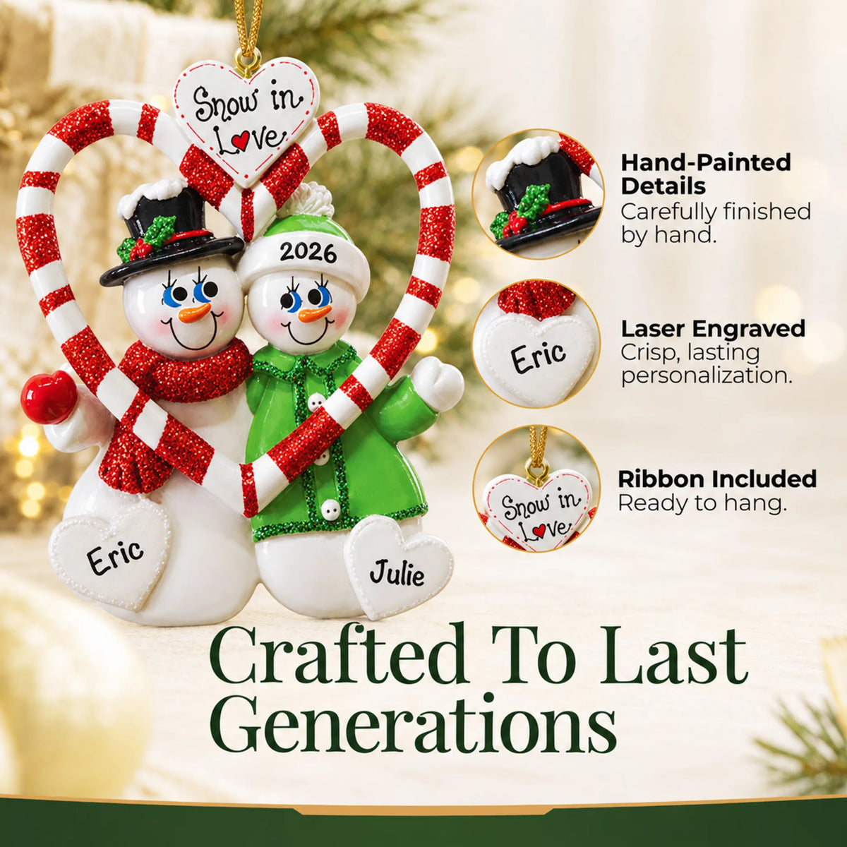 Hand-painted details and laser engraved personalization on the candy cane love couple christmas ornament, ribbon included
