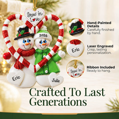 Hand-painted details and laser engraved personalization on the candy cane love couple christmas ornament, ribbon included
