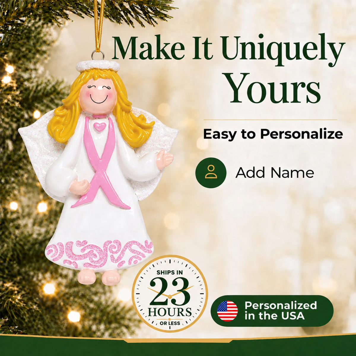 Make it yours: personalize the Pink Ribbon Angel christmas ornament