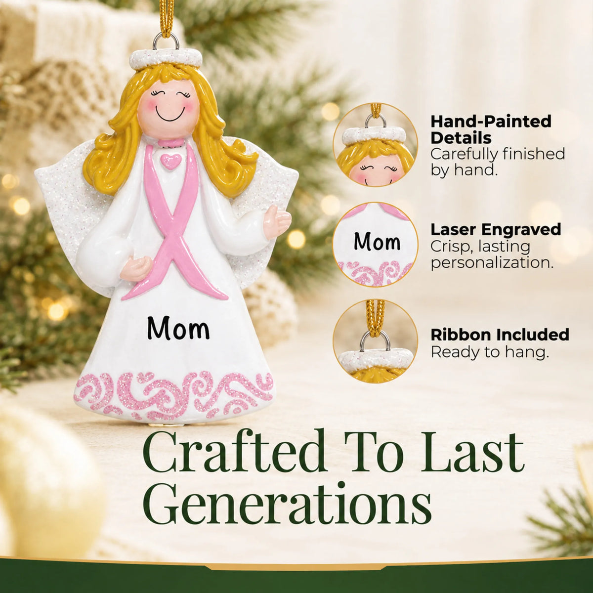 Hand-painted details and laser engraved personalization on the Pink Ribbon Angel christmas ornament, ribbon included