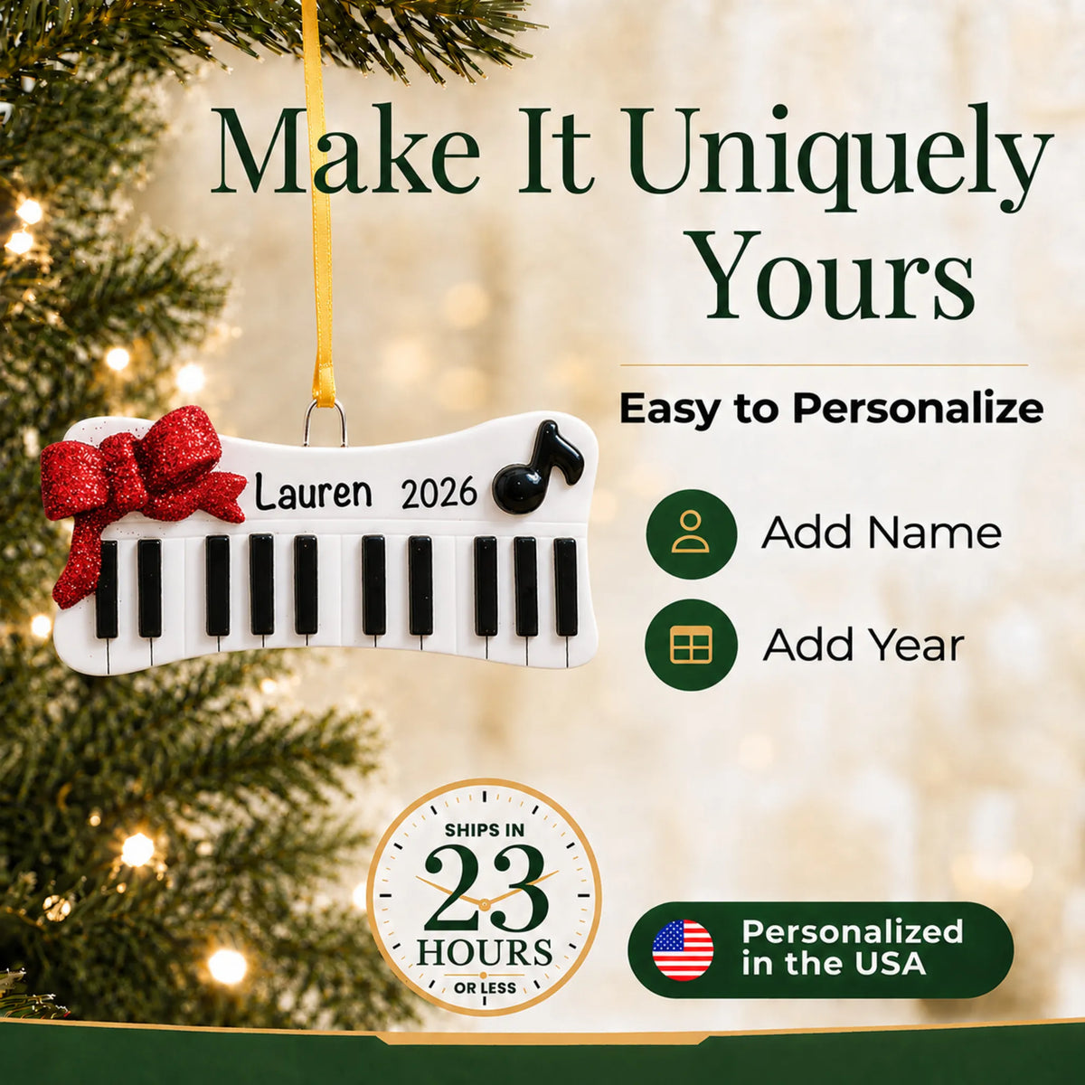 Make it yours: add name and year to the personalized keyboard christmas ornament