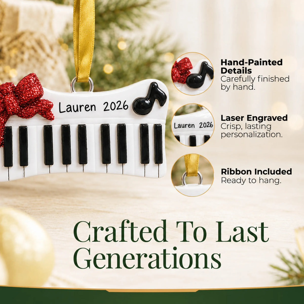 Hand-painted details and laser engraved personalization on the keyboard christmas ornament, ribbon included