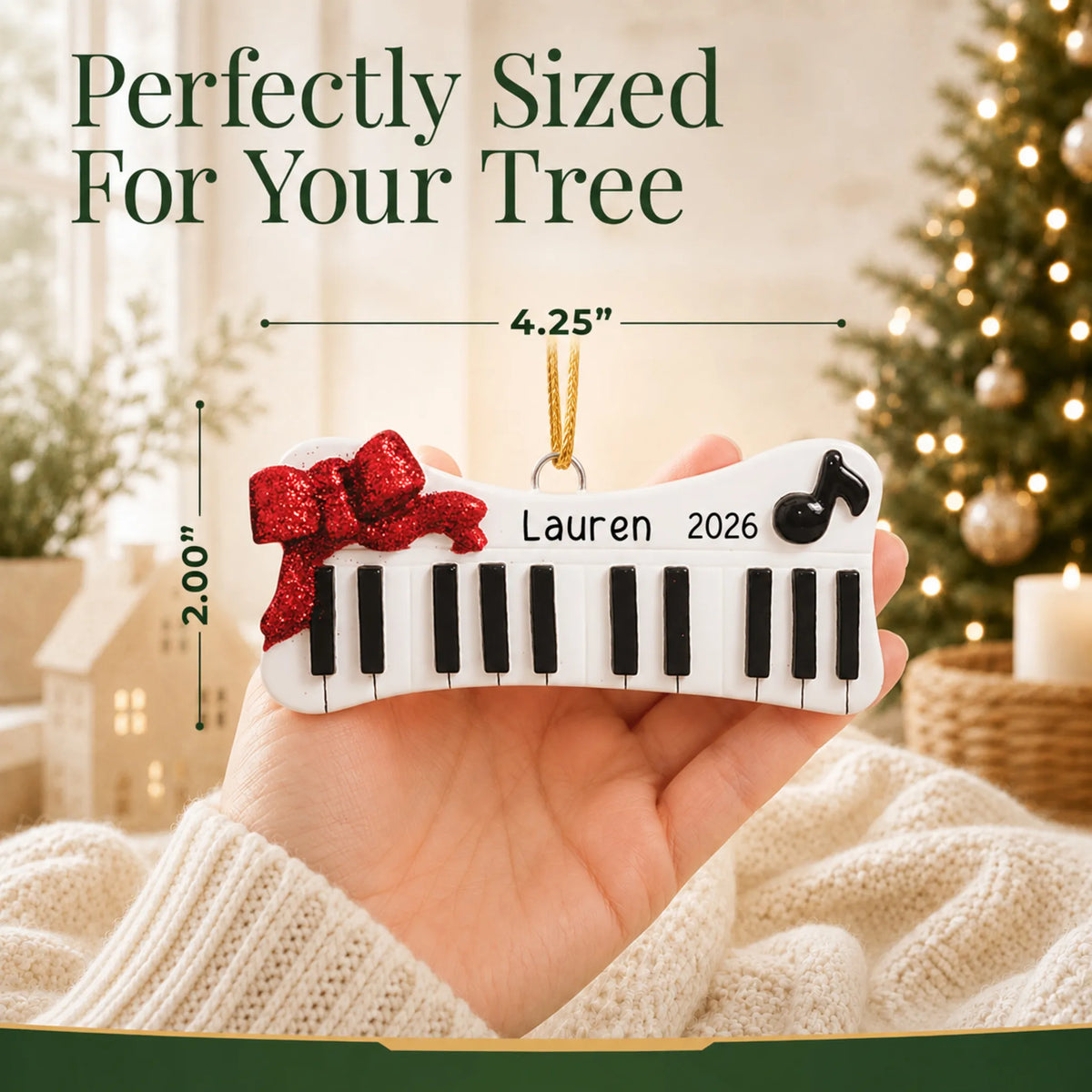 Size guide: the personalized keyboard christmas ornament is 4.25 in wide by 2.00 in tall, shown in hand