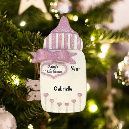 942G Personalized Babys First Bottle Pink Christmas Ornament