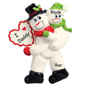Personalized I Love Daddy Christmas ornament, a dad and his child hand-lettered with both names and the year