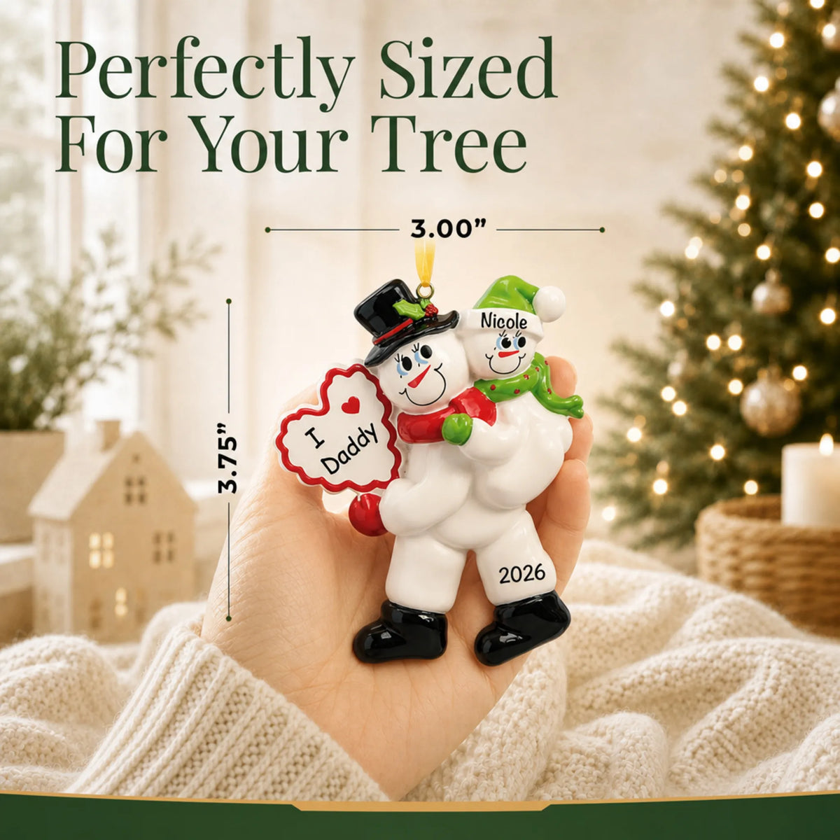 Size guide: the personalized i love daddy christmas ornament is 3.00 in wide by 3.75 in tall, shown in hand