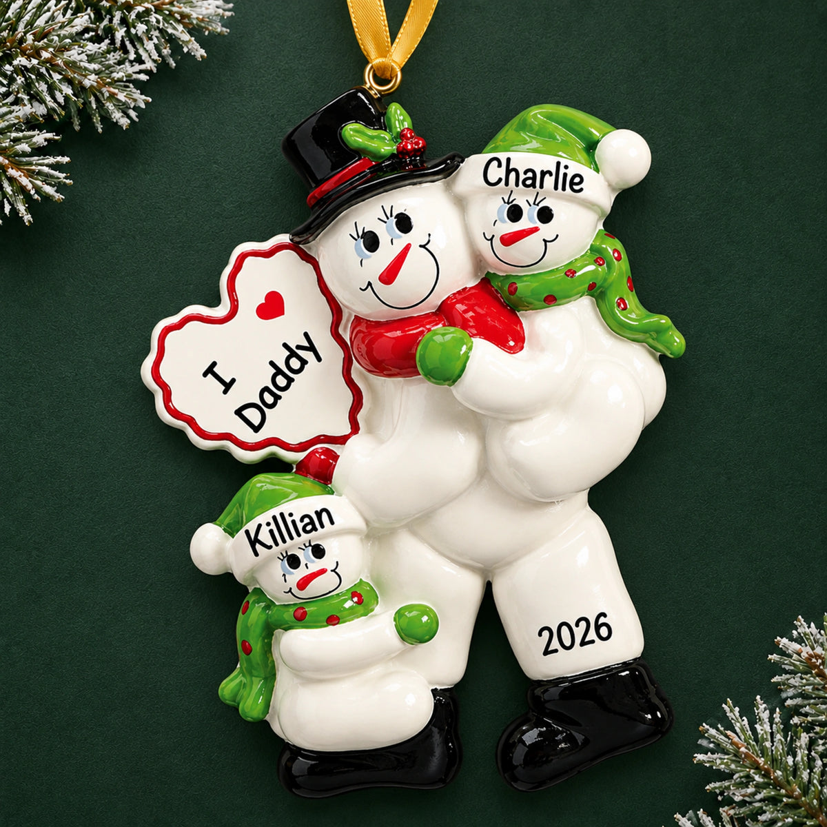 Personalized I Love Daddy 2 kids Christmas ornament, snowman dad and two children with names and 2026