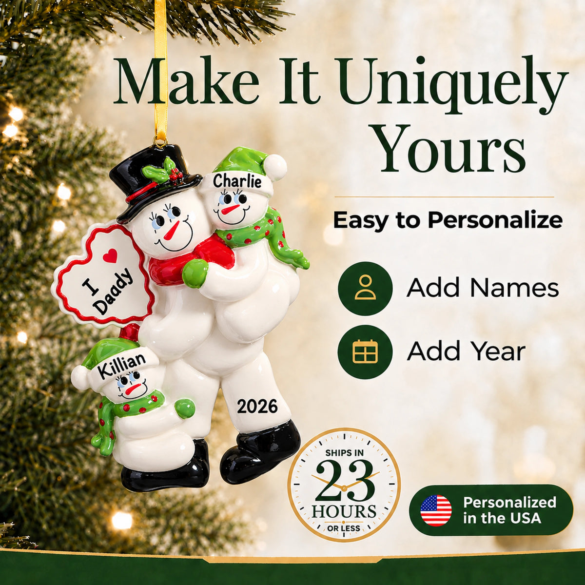 Personalized I Love Daddy 2 kids Christmas ornament, add names and year, ships in about a day