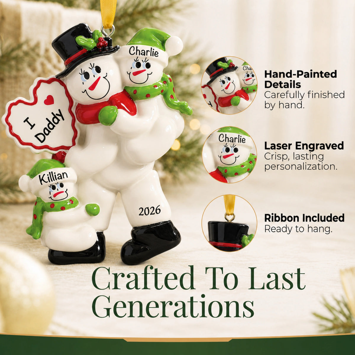 Hand-painted, laser-engraved I Love Daddy 2 kids Christmas ornament with ribbon, crafted to last