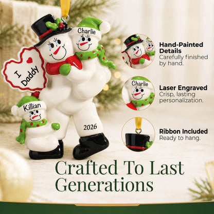 Hand-painted, laser-engraved I Love Daddy 2 kids Christmas ornament with ribbon, crafted to last