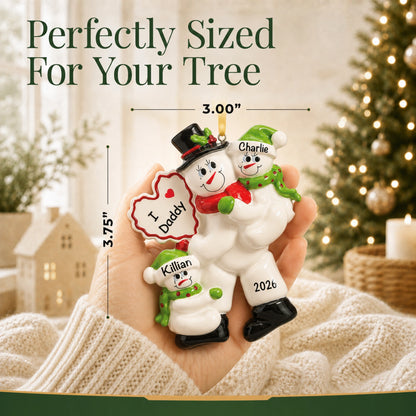 I Love Daddy 2 kids Christmas ornament held in hand, about 3.75 inches, perfectly sized for your tree