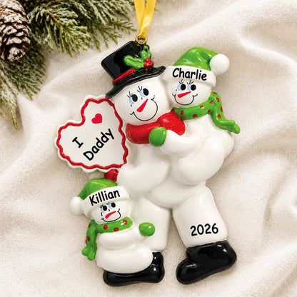 Personalized I Love Daddy 2 kids Christmas ornament hanging on tree with kids names and 2026