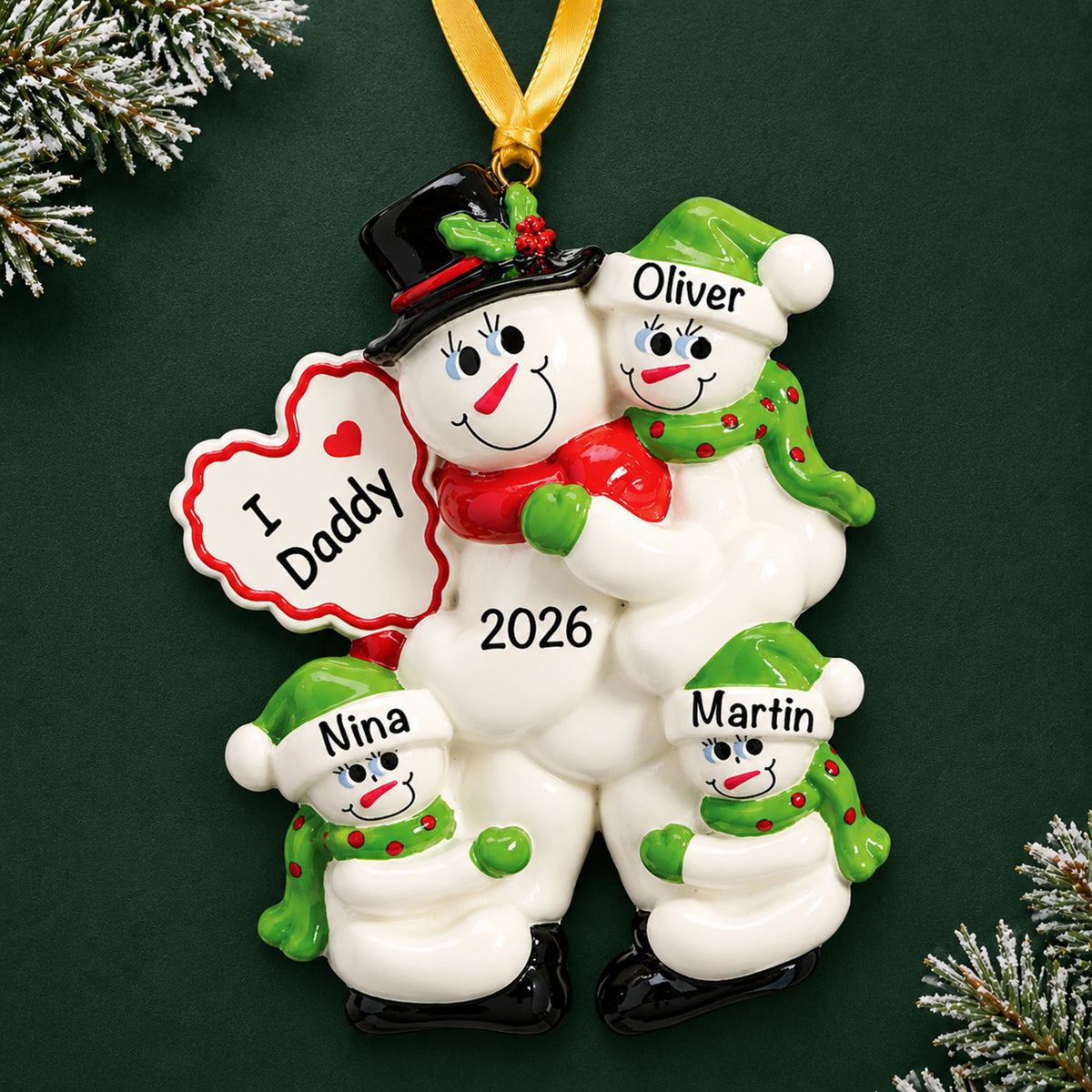 Personalized I Love Daddy christmas ornament, dad snowman with three kids holding an I Love Daddy heart, 2026