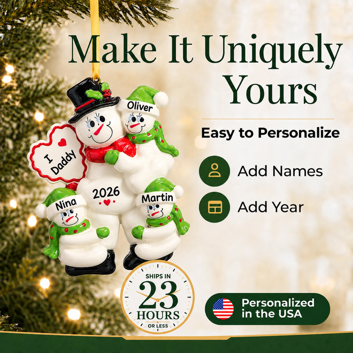 Personalized I Love Daddy christmas ornament, easy to add all names and the year, ships in 23 hours