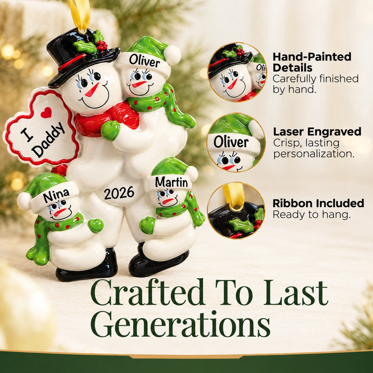 Personalized I Love Daddy christmas ornament, hand-painted and laser-engraved with ribbon, made to last