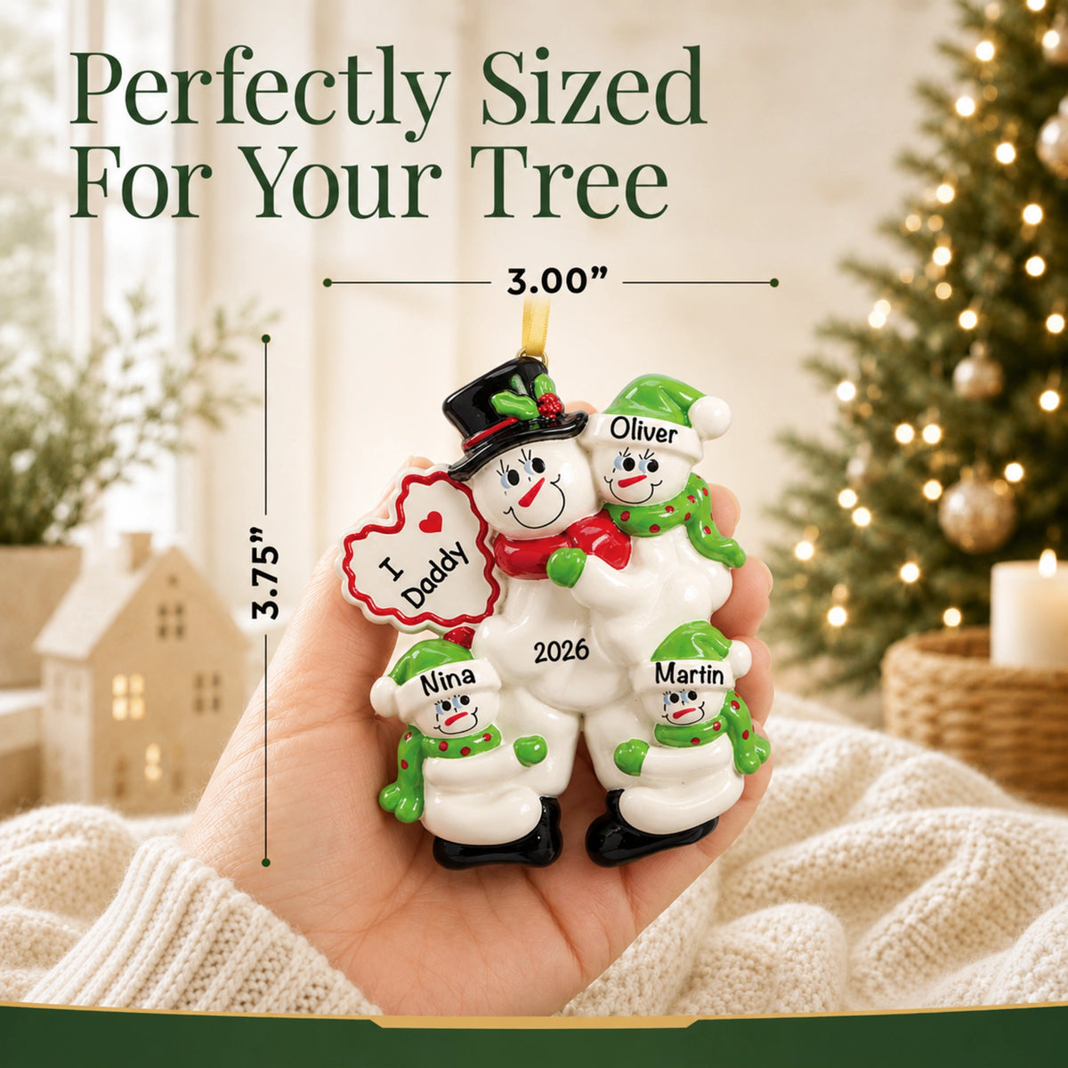 Personalized I Love Daddy christmas ornament held in hand, about 3.75 inches, perfectly sized for your tree