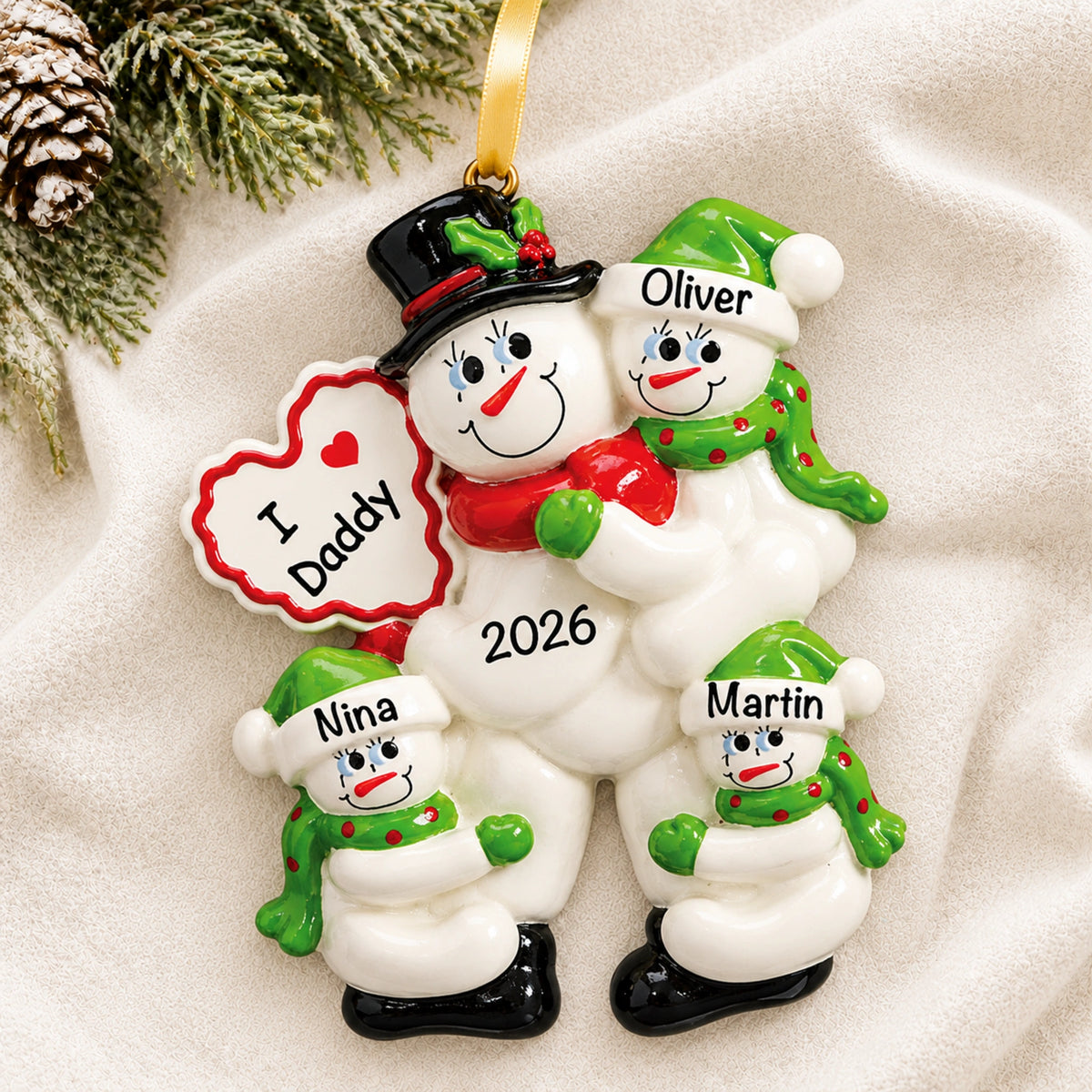 Personalized I Love Daddy christmas ornament on a snowy blanket, dad snowman with three kids and 2026
