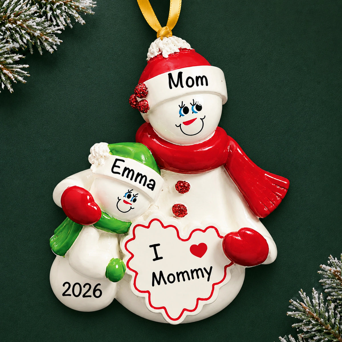 Personalized I Love Mommy christmas ornament, mom and child snowmen holding an I Love Mommy heart with 2026