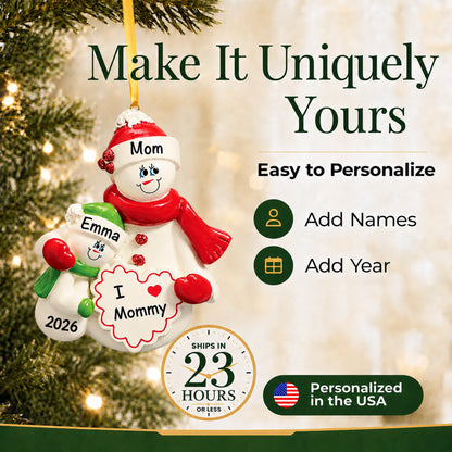 Personalized I Love Mommy christmas ornament, easy to add both names and the year, ships in 23 hours
