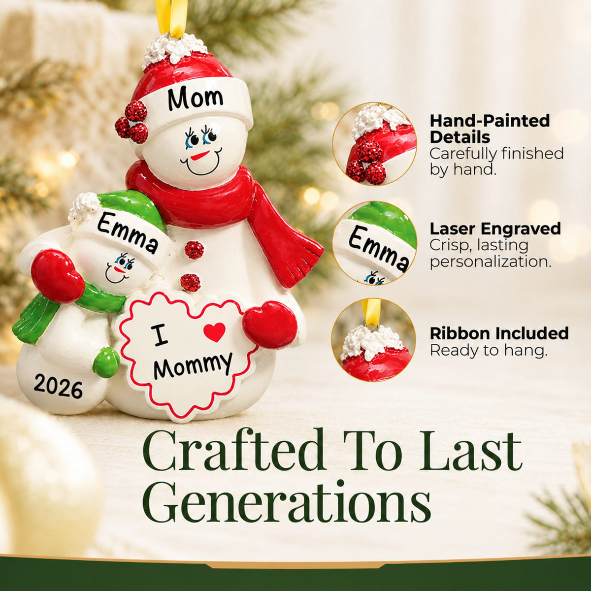 Personalized I Love Mommy christmas ornament, hand-painted and laser-engraved with ribbon, made to last