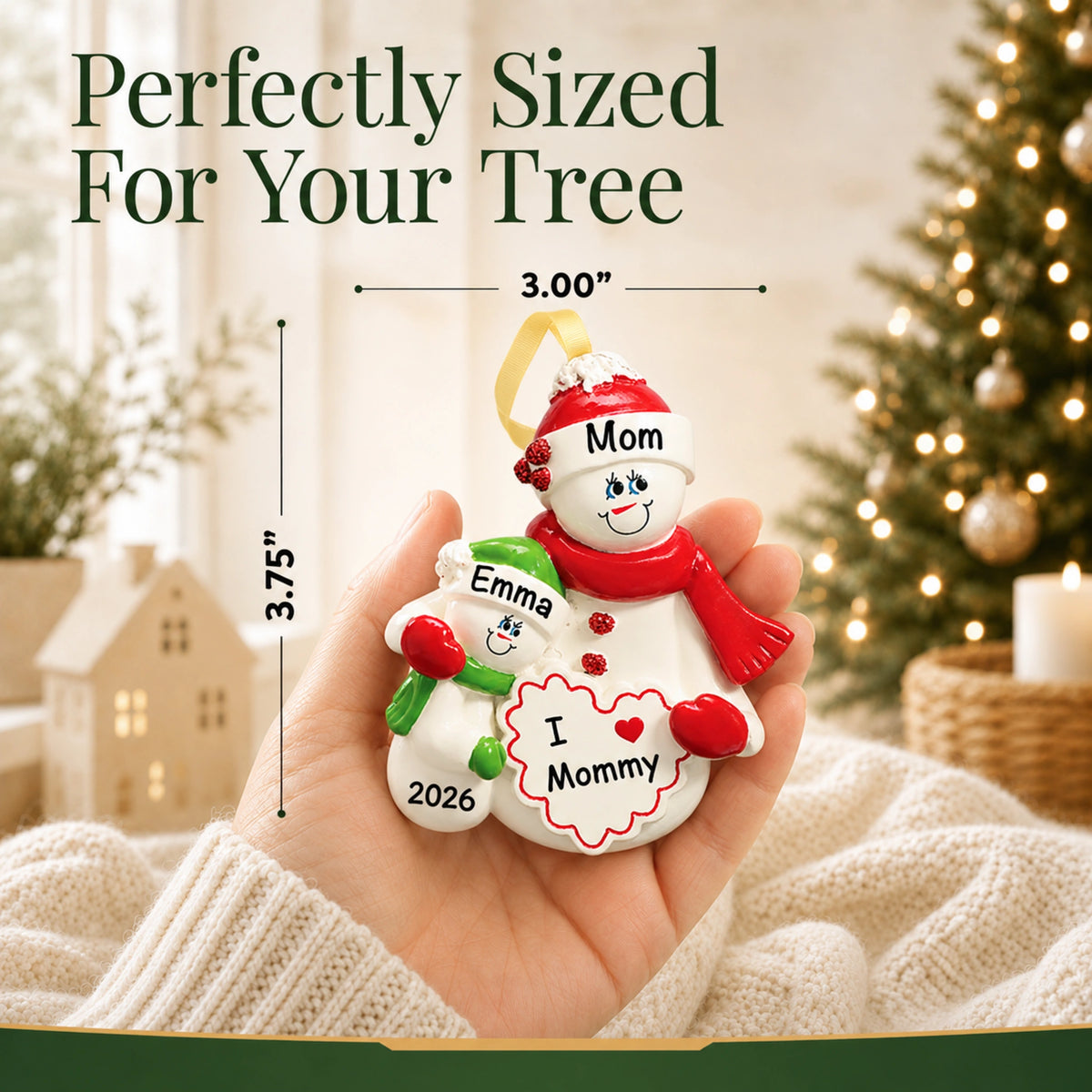Personalized I Love Mommy christmas ornament held in hand, about 3.75 inches, perfectly sized for your tree