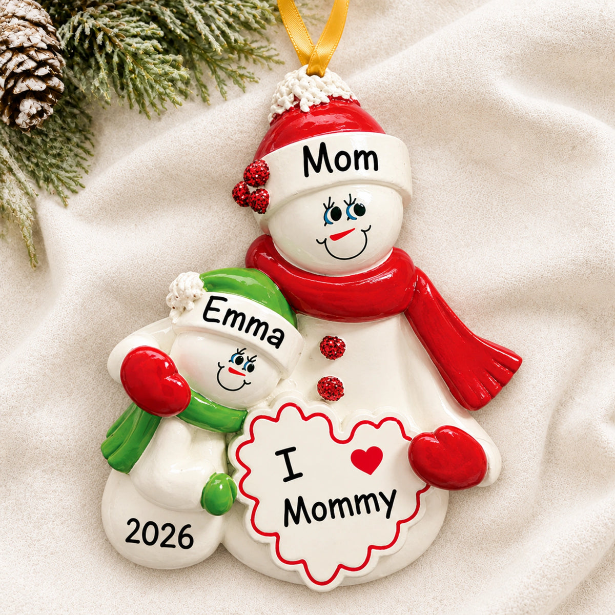 Personalized I Love Mommy christmas ornament on a snowy blanket, mom and child snowmen with 2026