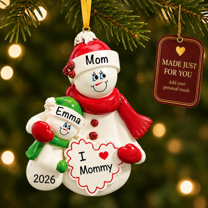 Personalized I Love Mommy christmas ornament hanging on the tree, made just for you with your names