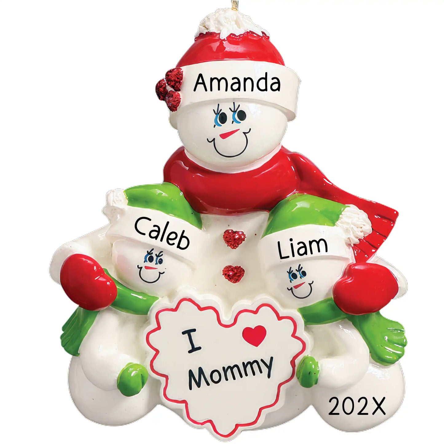 A personalized Christmas ornament featuring a Mommy Snowman with two snow children, and a heart that reads 'I Love Mommy'. The ornament is green, red, and white.