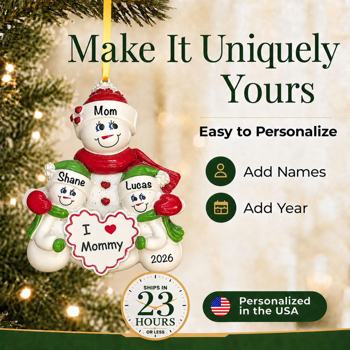 Make it yours: add names and year to the personalized i love mommy christmas ornament