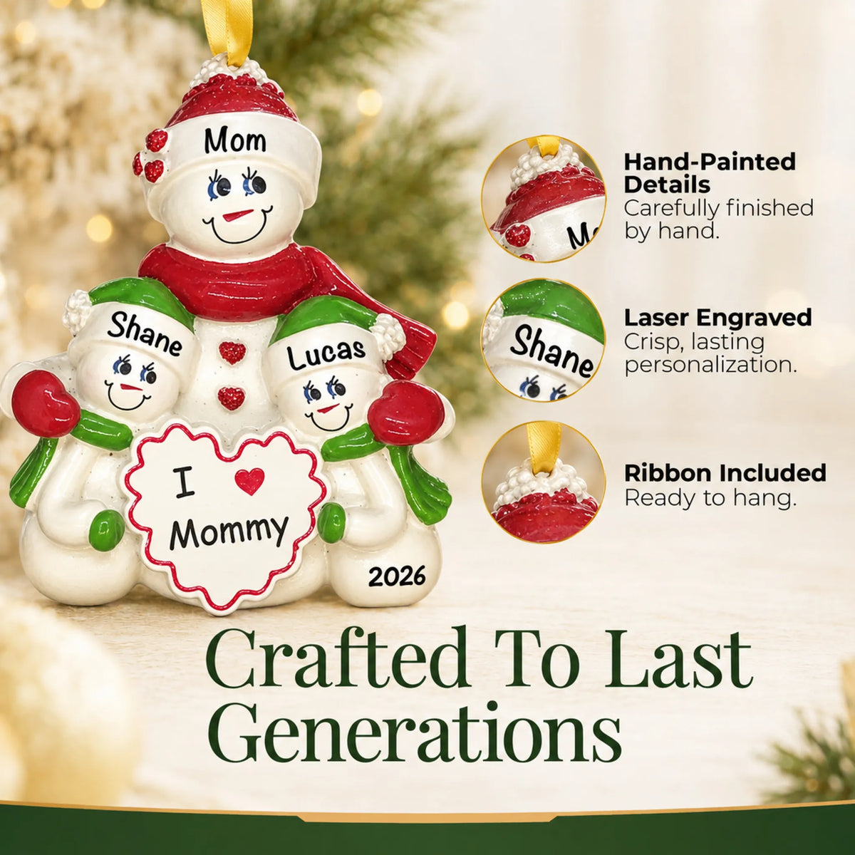 Hand-painted details and laser engraved personalization on the i love mommy christmas ornament, ribbon included