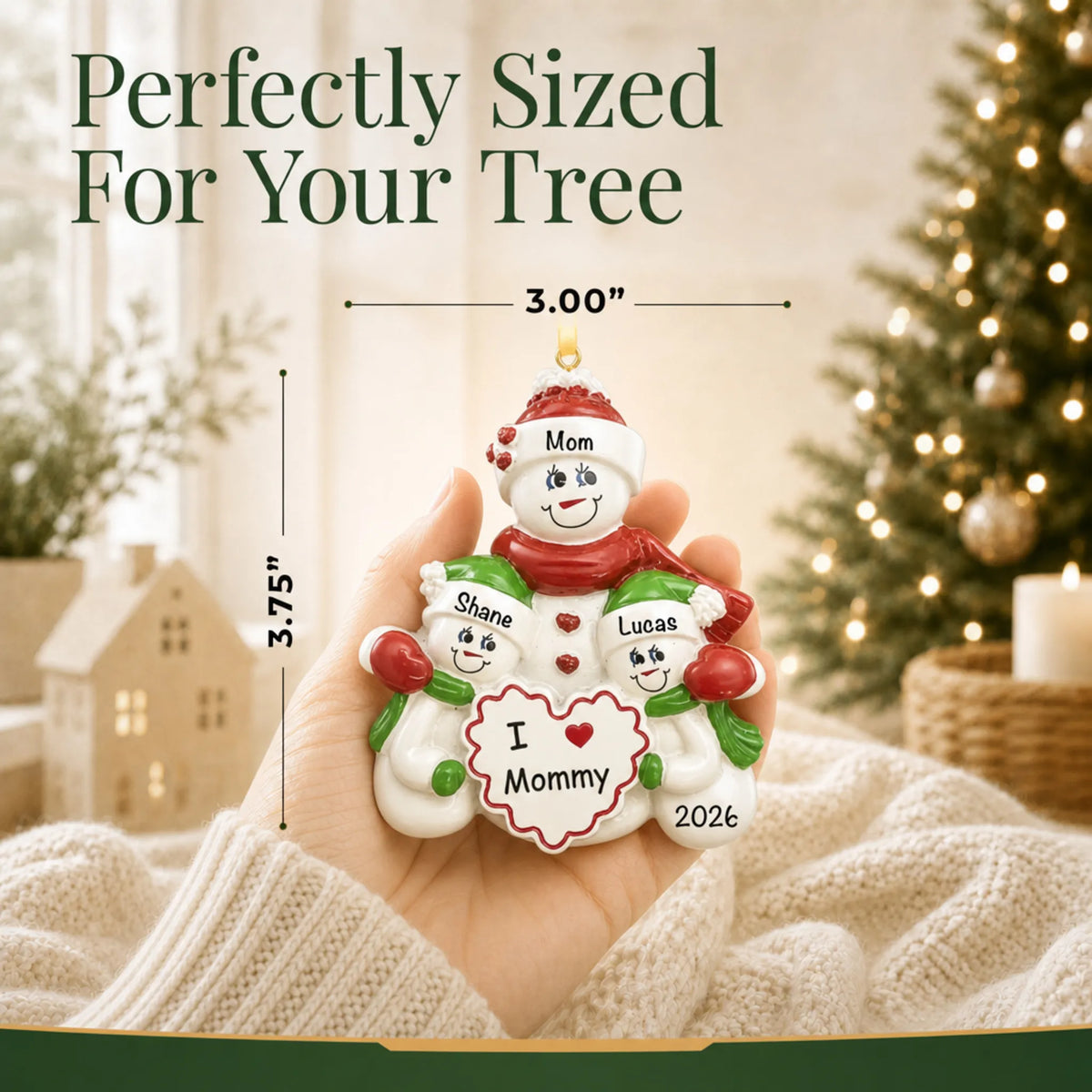 Size guide: the personalized i love mommy christmas ornament is 3.00 in wide by 3.75 in tall, shown in hand
