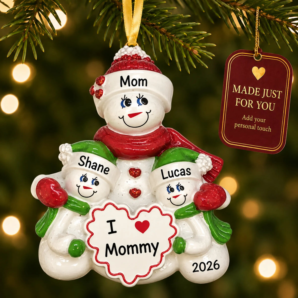 I love mommy christmas ornament hanging on a lit Christmas tree with a Made Just For You gift tag