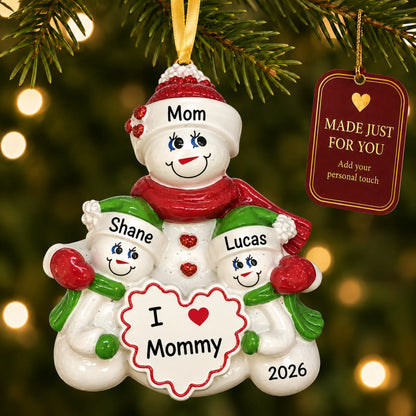 I love mommy christmas ornament hanging on a lit Christmas tree with a Made Just For You gift tag