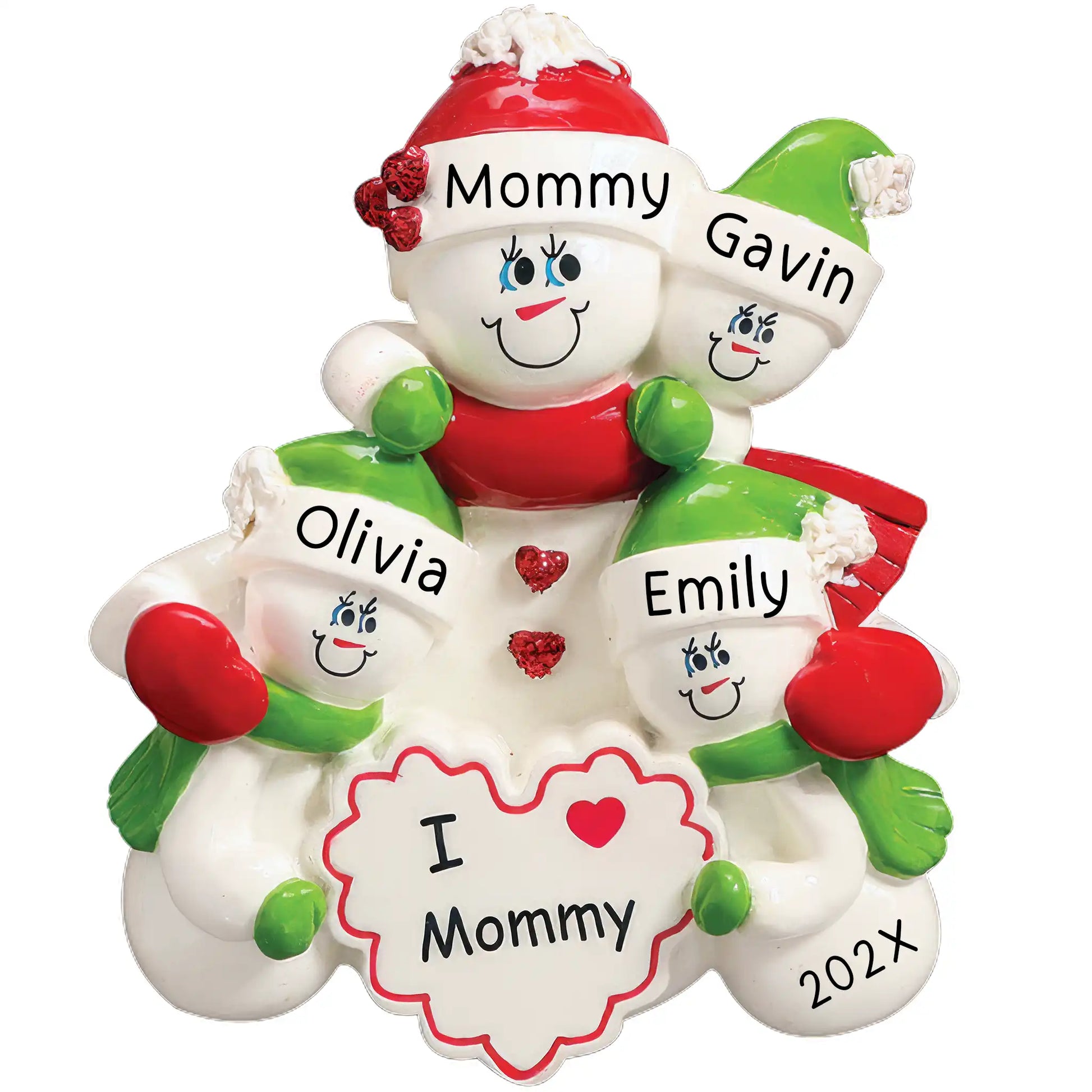 Personalized I Love Mommy Christmas ornament with mama snowman and three children in red and green hats with heart, customizable with names and yearRetry