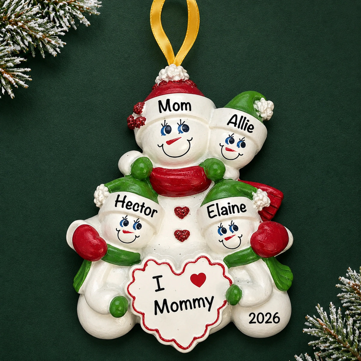 Personalized I Love Mommy 3 kids Christmas ornament, snowman mom and three children with names and 2026