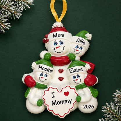 Personalized I Love Mommy 3 kids Christmas ornament, snowman mom and three children with names and 2026