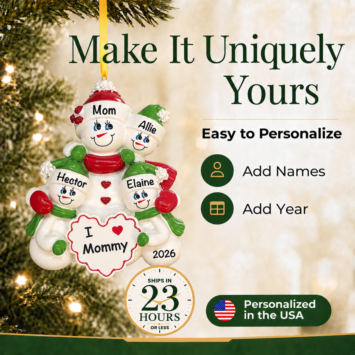 Personalized I Love Mommy 3 kids Christmas ornament, add names and year, ships in about a day