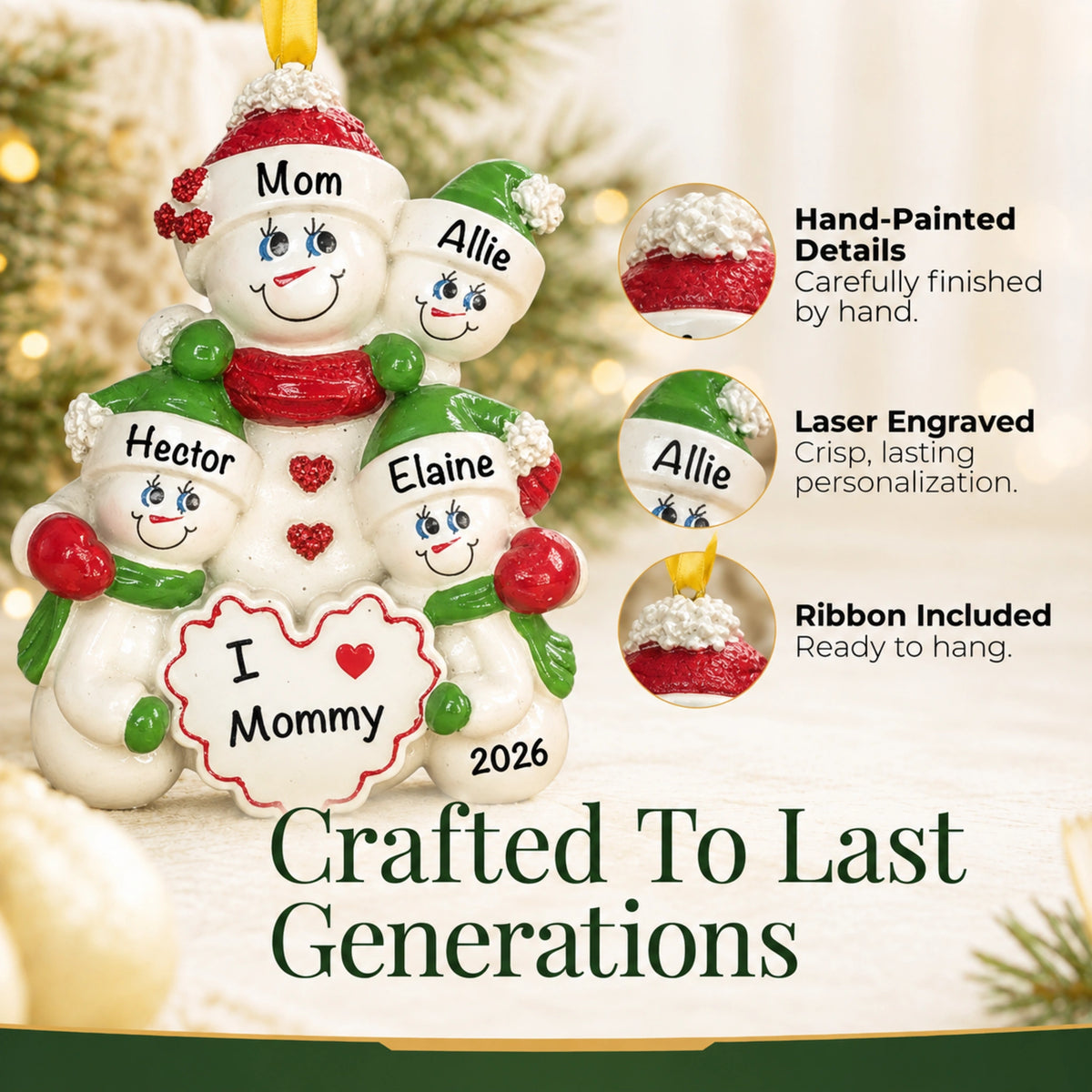 Hand-painted, laser-engraved I Love Mommy 3 kids Christmas ornament with ribbon, crafted to last