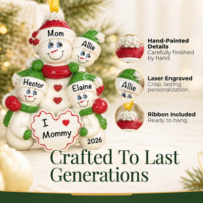 Hand-painted, laser-engraved I Love Mommy 3 kids Christmas ornament with ribbon, crafted to last