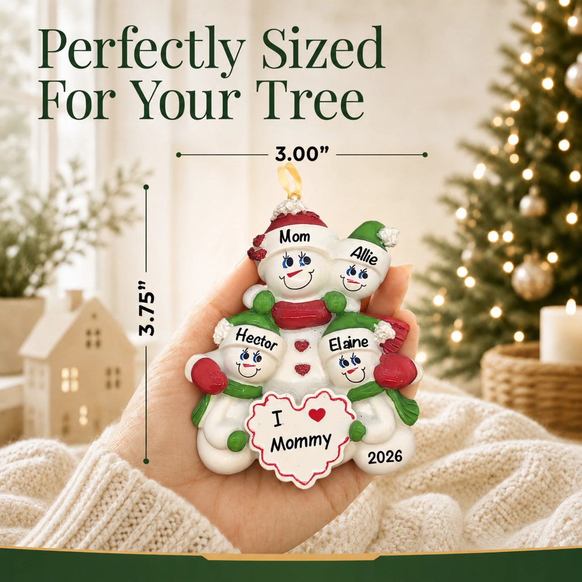 I Love Mommy 3 kids Christmas ornament held in hand, sized just right for your tree