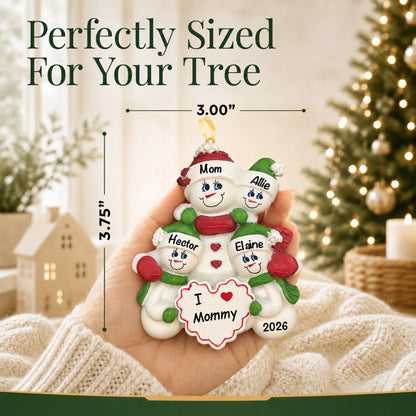 I Love Mommy 3 kids Christmas ornament held in hand, sized just right for your tree